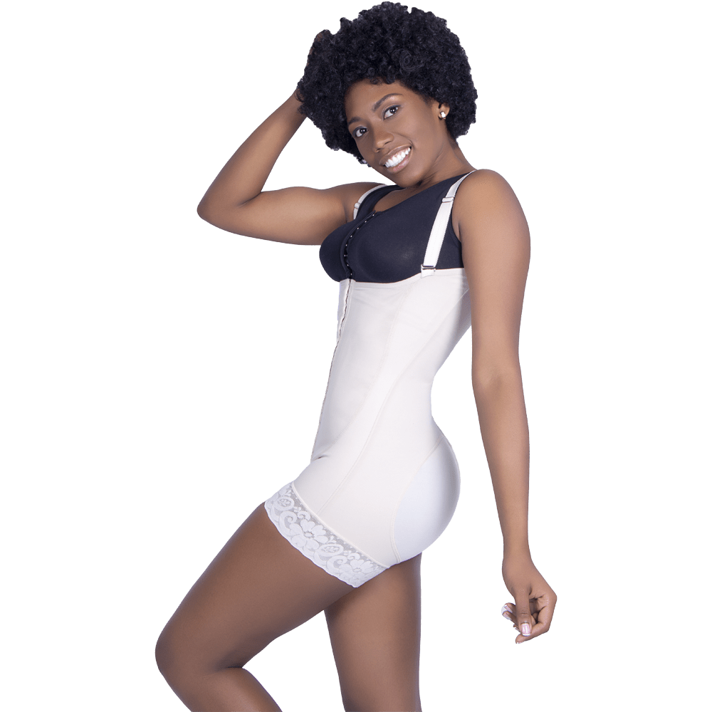 High-back bodysuit with front-center fasteners